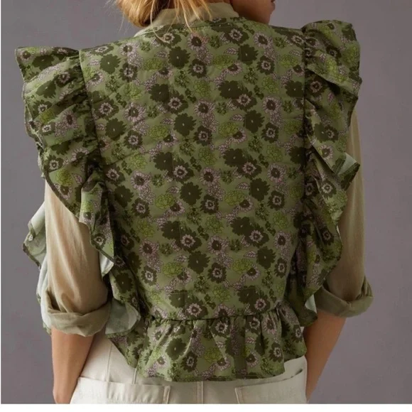 Anthropologie NWT Green Floral Quilted Ruffle Vest Tie Detail OS One Size NEW - Picture 2 of 11